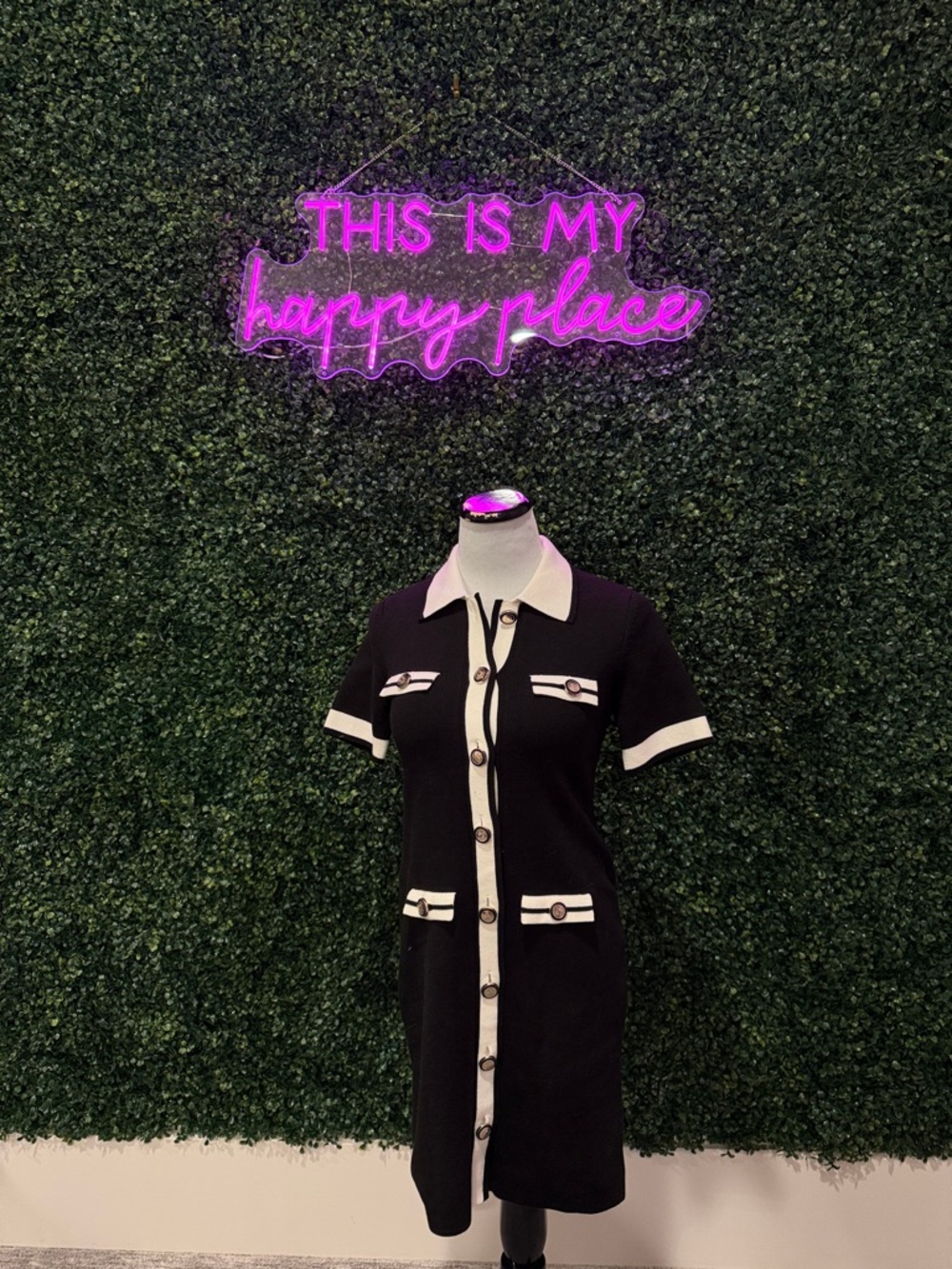 White House Black Market Black and Cream Button-Front Knit Dress